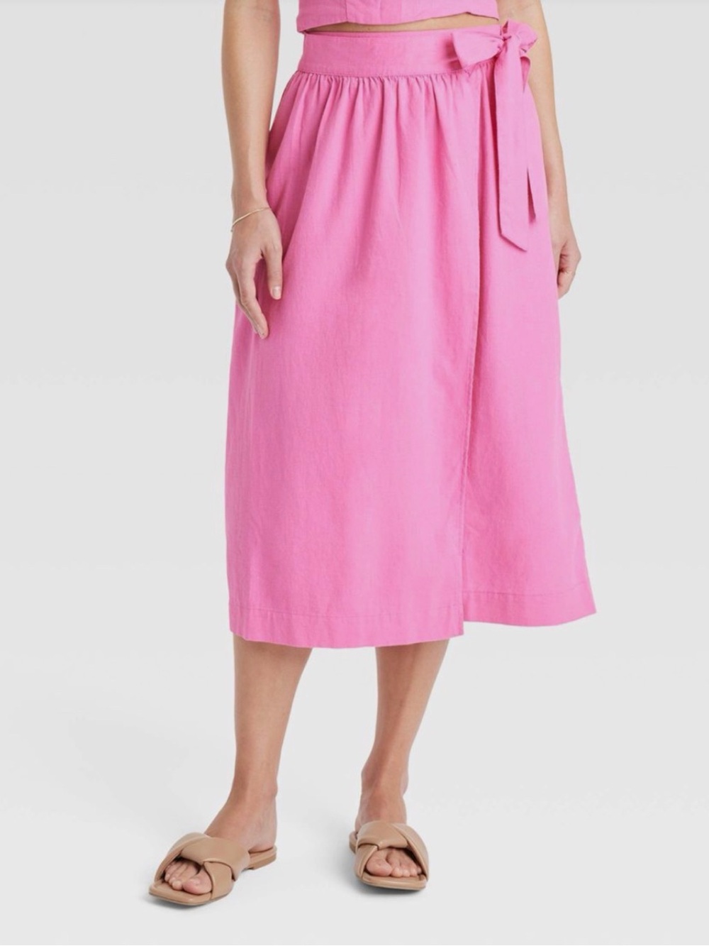 A New Day Pink Linen Blend Wrap Crossover Midi Skirt Side Tie Size Women’s Med